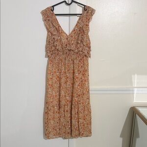 Black Tape_ Floral Midi Dress in Orange and Cream